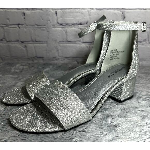 London Fog Nikki Silver Glitter Ankle Strap Block Heels 6.5M Bling Pumps Wedding - Picture 3 of 9